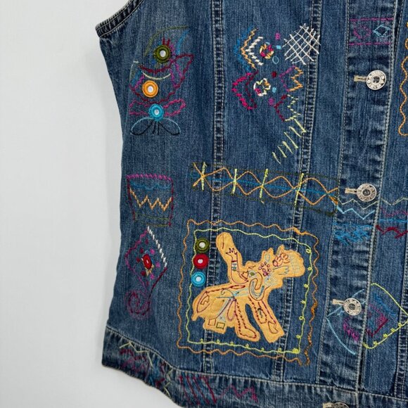 Chicos Womens Denim Vest Art to wear Button Front Boho 2 Large Blue Embroidered - Picture 4 of 15